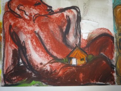 A naked black man resting on the ground looks over his shoulder at a small hut sitting in the middle of his back. In the doorway of the hut is a photo of the artist as a child.