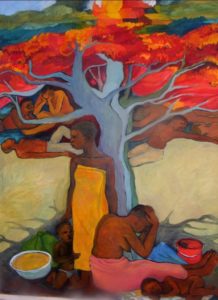 Art by Ruth Hartley: Painting in bright reds, oranges and yellows of African men and women in positions of grief around a flame tree