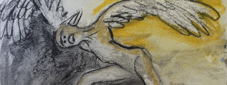 Art by Ruth Hartley: a part of a charcoal painting with some yellows showing an angel in pain