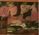 A brown vase with pale pink roses to the left of a young girl with dark hair engrossed in a book her fist on the page and her head propped on her other hand a brown coffee mug in front of her