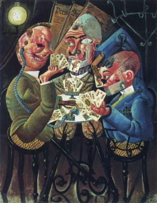 One of Otto Dix's war paintings: An armless soldier uses his foot to play cards with two soldiers who have lost their legs. All three men have very damaged faces—one has a rubber tube to near his ear, another has a metal plate covering his lower jaw.