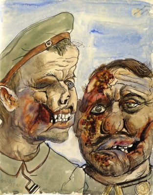 Close-up of two soldiers' faces with terrible scars and exposed teeth