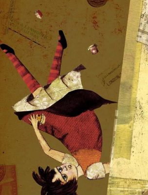 Dark-haired Alice with spectacles falls headfirst down the rabbit holehole