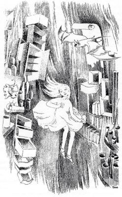 Black and white drawing of Alice floating down past a bat and cupboards with open drawers