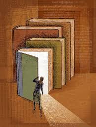 $ huge books lean against a wall. A small figure opens the cover of the nearest on to see light pour out of it