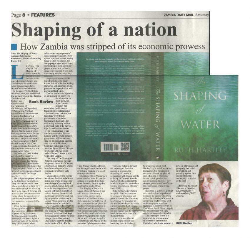 Scan of the review by Daniel Sikazwe in the Zambia Daily Mail of the The Shaping Of Water including a picture of the book cover with white text on an aqua background.