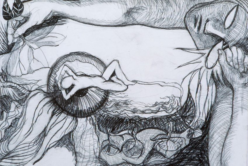 The drawing is framed on the top and right sides by 2 arms and a head. The eyes in the head are empty ovals looking towards a giant iris of an eye in which a figure rests on an upside down image of a lake and trees. The drawing is black and white charcoal.
