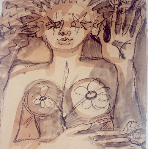 This black charcoal and brown watercolour wash depicts the top half of a naked woman with stars for eyes and hands with twigs and leaves for fingers.