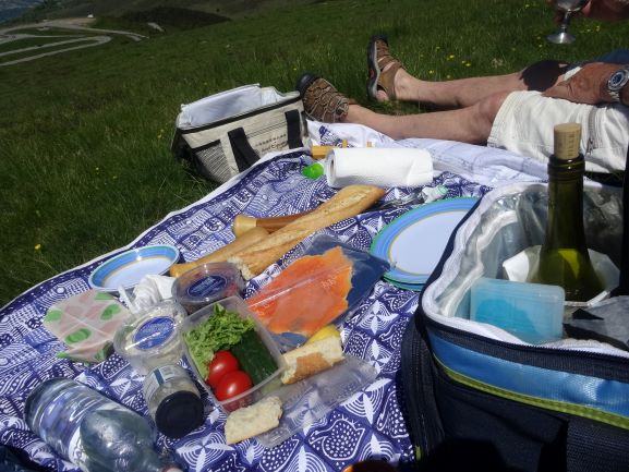 Image shows a picnic meal spread out on a blue and white table cloth. There is bread, water, smoked trout, salad ingredients, cheese and wine