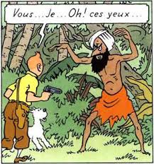 The drawing from a Tintin comic book shows Tintin and his dog Snowy confronting the Fakir who is hypnotising Tintin into a trance with the power of his eyes.
