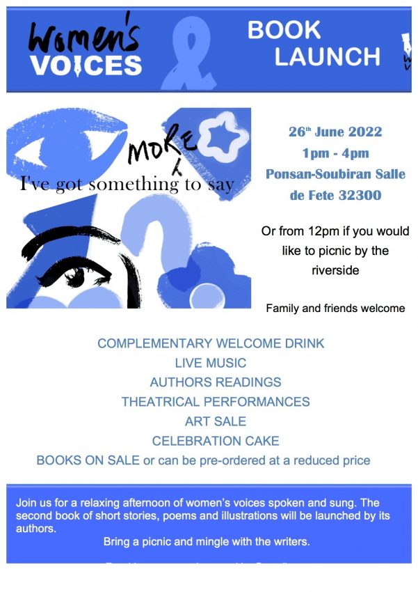 Women's Voices book launch poster in blue and white