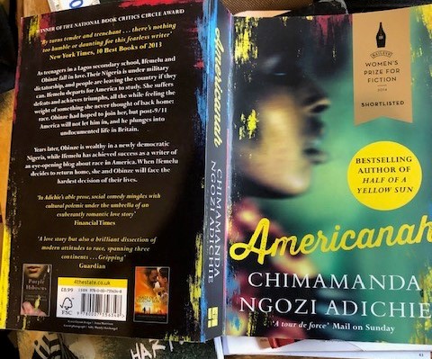 chimamanda Ngozi Adichie's novel Americanah is open and facing down so that the name, title and blurb on the back can be seen
