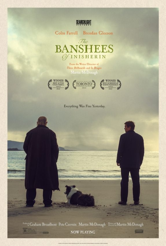 Film poster shows colm on the left and Padraic on the right as silhouettes with colm's dog between them. They are on the beach staring across the sea at the Irish mainland.