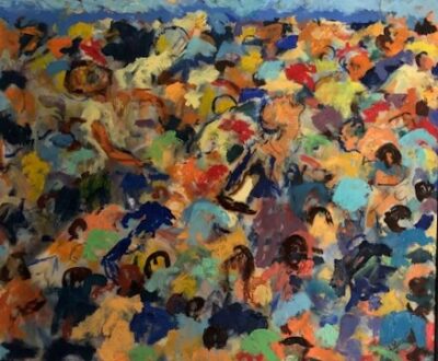 Tayali's painting shows 100s of African figures struggling in a crowd. 