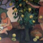 My painting shows the same child twice once looking at lemons in a hat and also standing up to pick some lemons off the Imp tree
